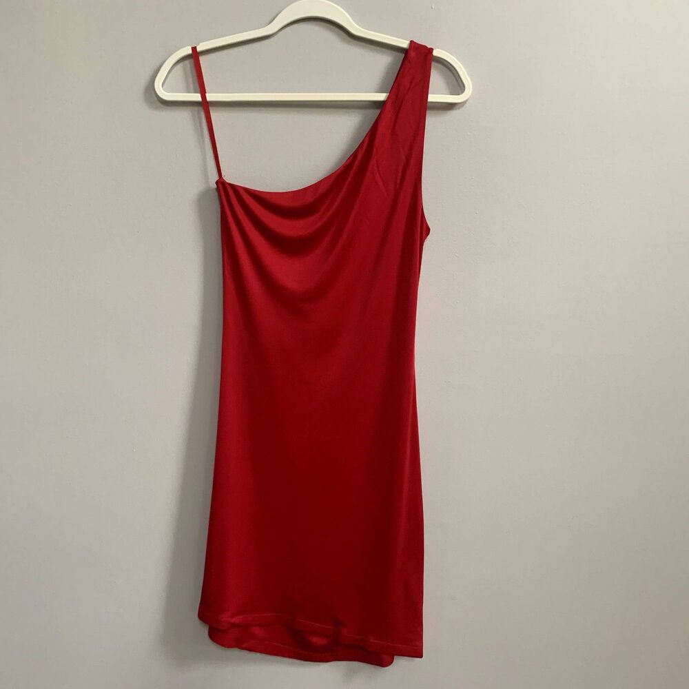 Laila Azhar Silk Dress Womens M Ruched Drape Waist Red Y2K Party One Shoulder - Picture 3 of 10